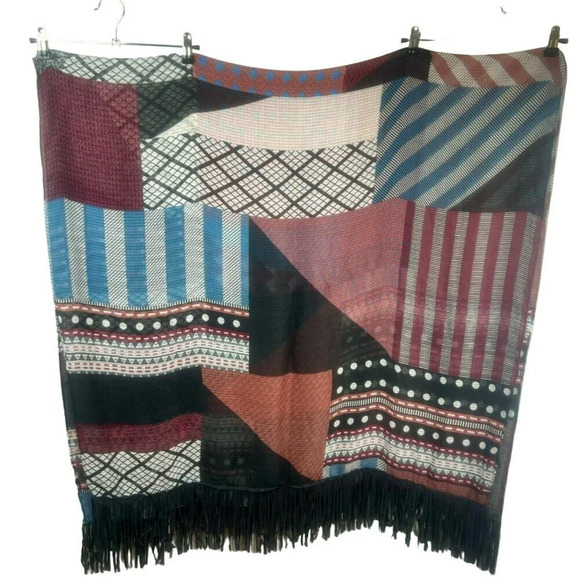 Patchwork Pattern Scarf Wrap Red White Blue Black Fringe Hem Sheer Stripe Tribal - Picture 1 of 6